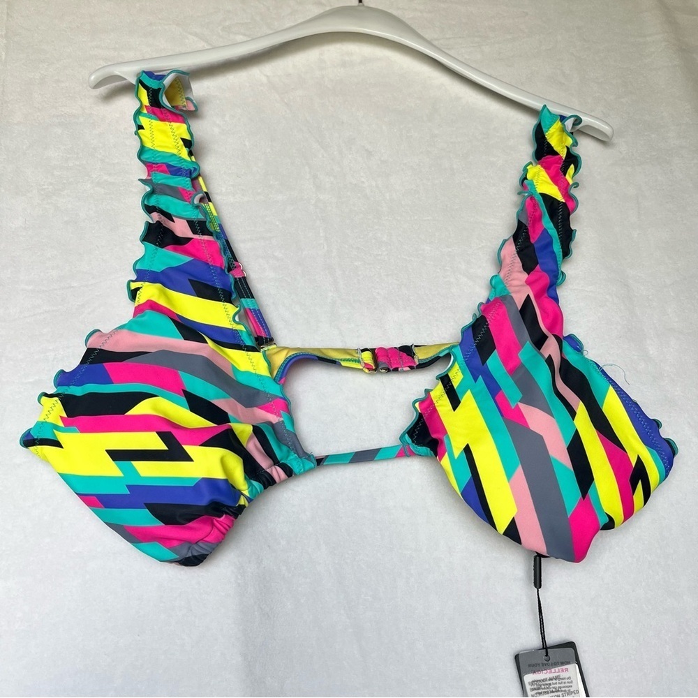 RELLECIGA Women's Colorful Neon Striped Wavy Bikini Top Bathing Suit Size Large